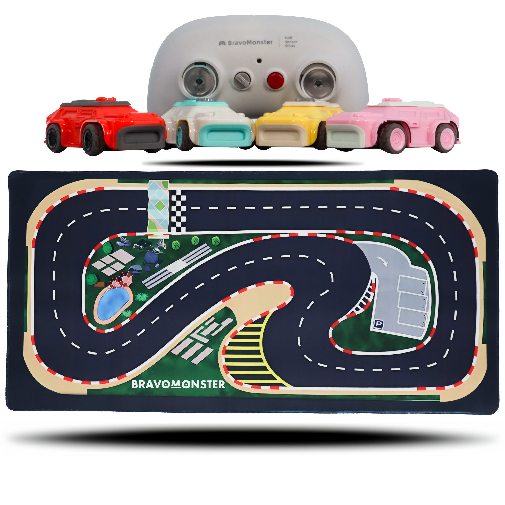 MICRO RC CARS AND RACE MAT BUNDLE 1:72 RECHARGEABLE 2 PACK RC CARS + CUSTOM BRAVOMONSTER MAT