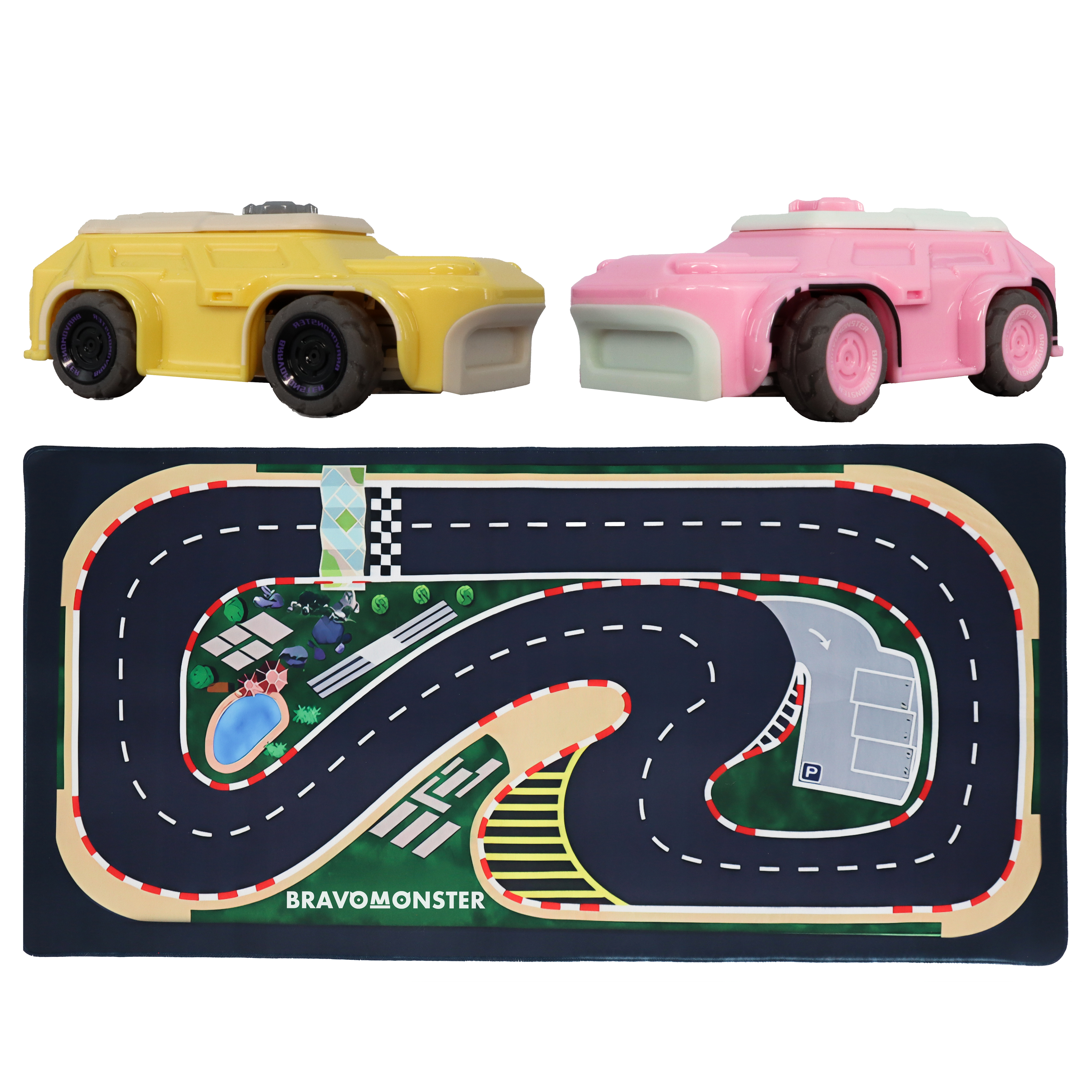 MICRO RC CARS AND RACE MAT BUNDLE 1:72 RECHARGEABLE 2 PACK RC CARS + CUSTOM BRAVOMONSTER MAT