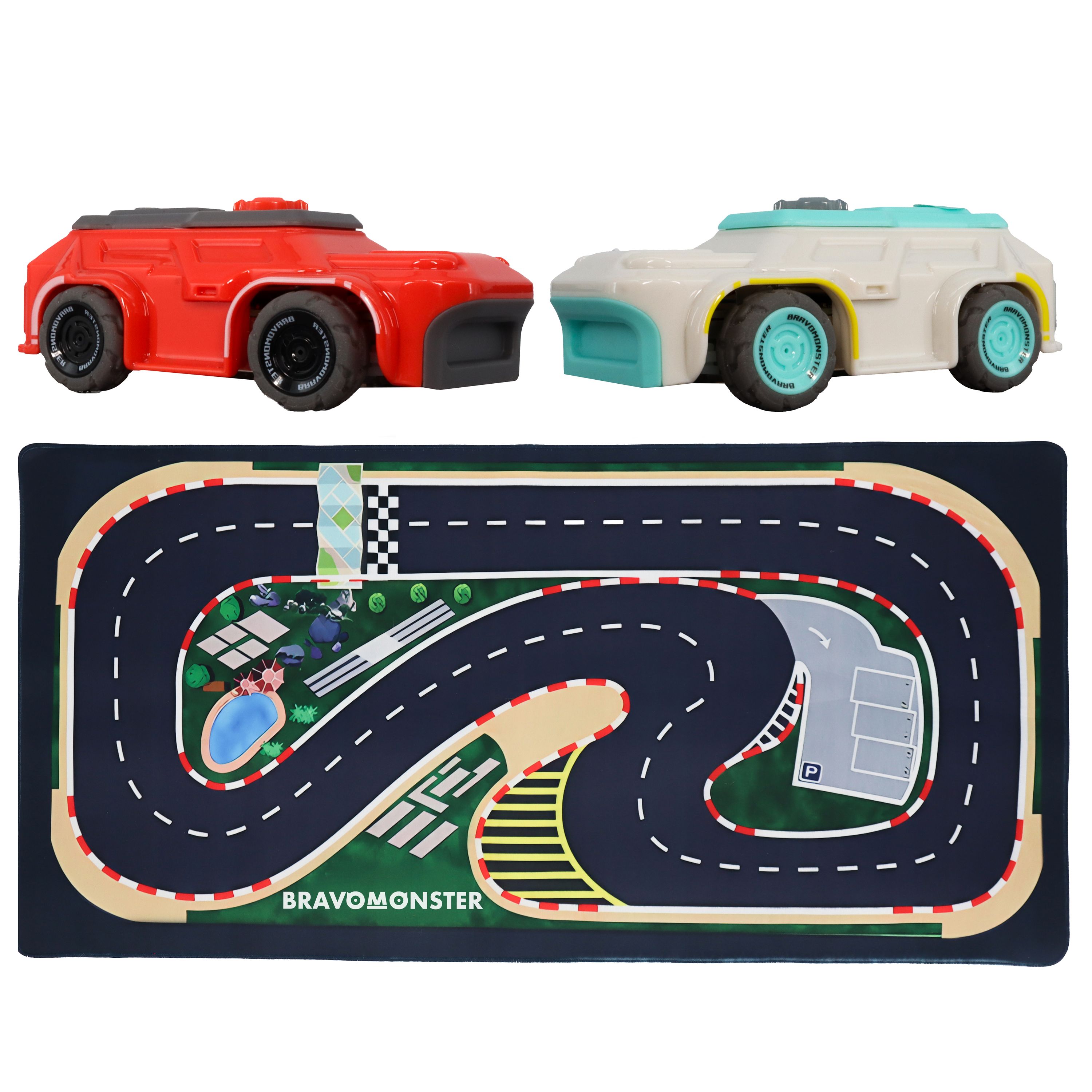 MICRO RC CARS AND RACE MAT BUNDLE 1:72 RECHARGEABLE 2 PACK RC CARS + CUSTOM BRAVOMONSTER MAT